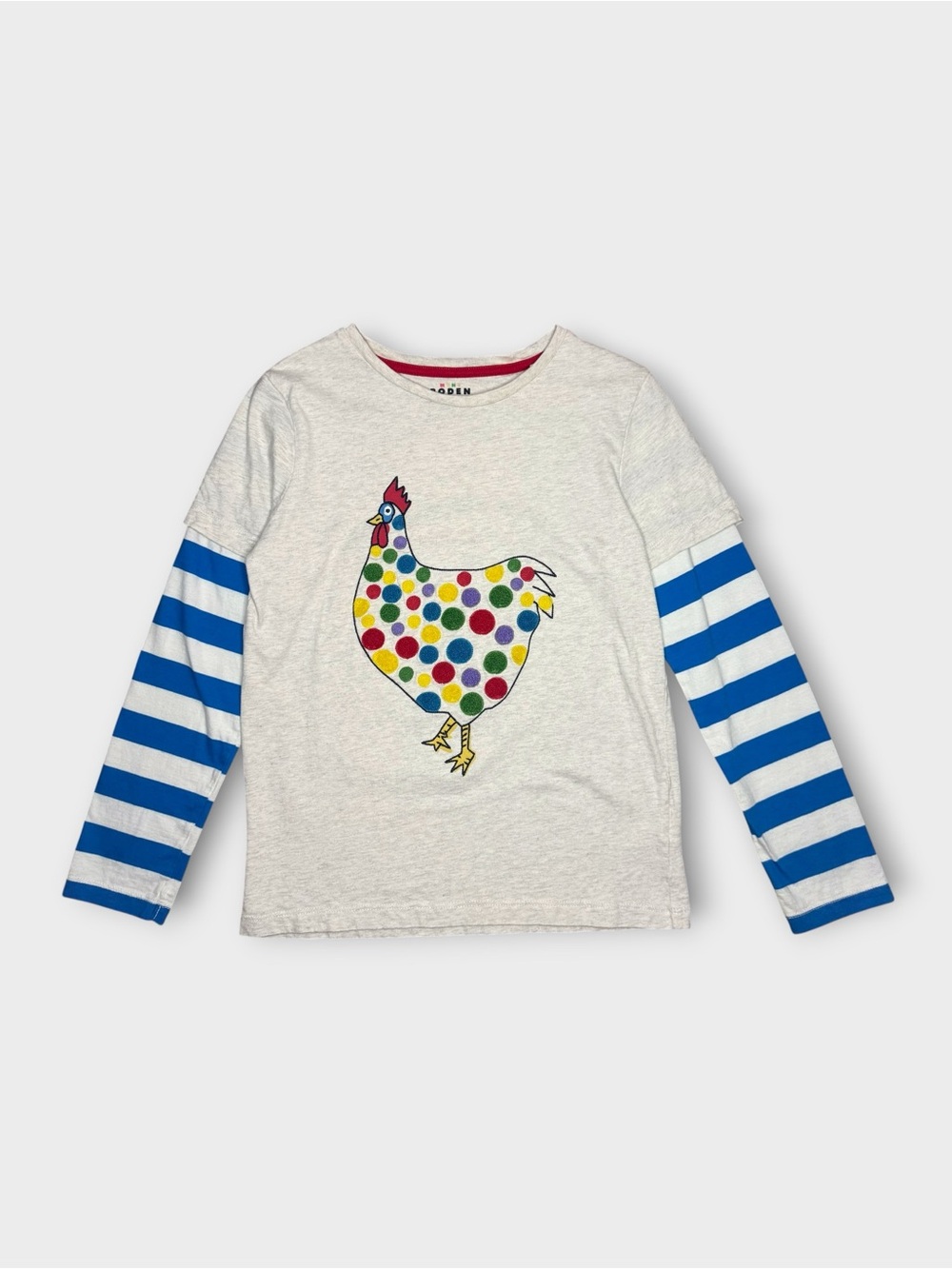 Mini Boden Colorful Spot Chicken Applique Long Sleeve Shirt